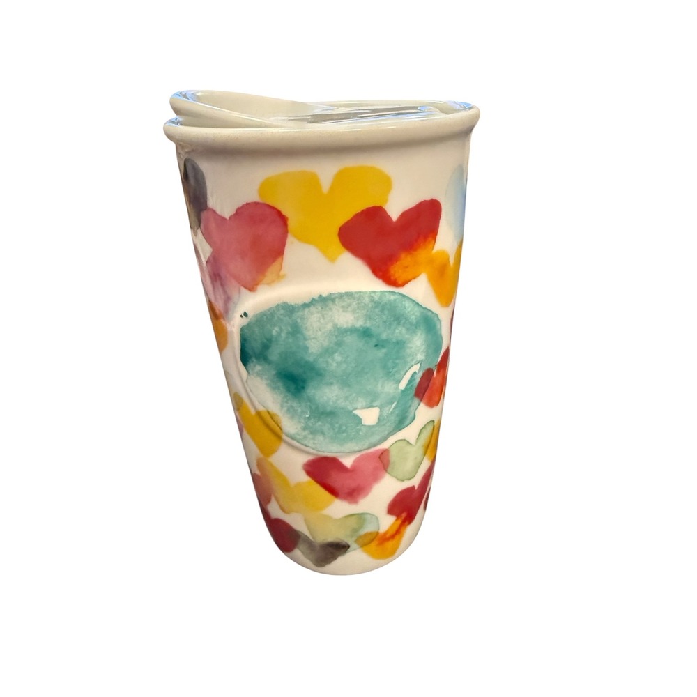 Starbucks Travel Tumbler Unisex 10oz Multicolor Watercolor Hearts Ceramic
